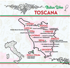 chart of typical wines from Tuscany, Italy. vector illustration