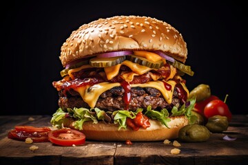 Appetizing burger on a dark background.