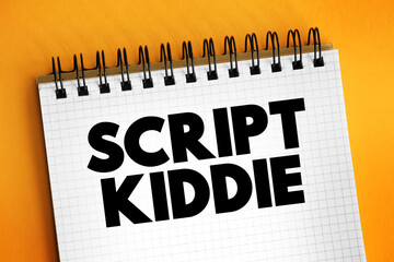 Script Kiddie is someone that uses existing software to hack computer systems belonging to others, text concept for presentations and reports