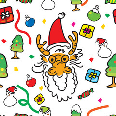 Vector seamless pattern for New Year and Christmas theme, doodle cartoon of the Asian dragon head, and elements of Christmas