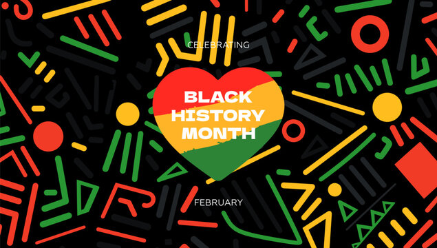 Black History Month abstract graphic banner. African American rights and culture celebrating. Modern creative placard. Heart in red yellow green flag colors. Africa and afro pattern art vector design