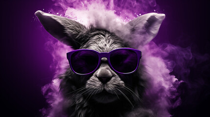 cooler Hase umgeben von lila Rauch