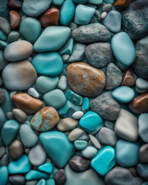 a close up of a bunch of rocks, rocks blue wall, turquoise, smooth rocks, many small and colorful stones