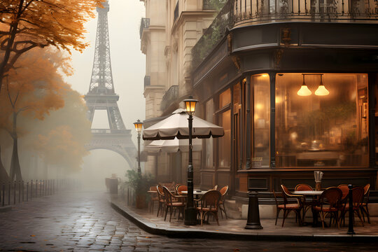 Early foggy morning on a fictional street in Paris