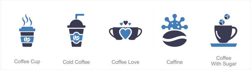 A set of 5 Coffee icons as coffee cup, cold coffee, coffee love