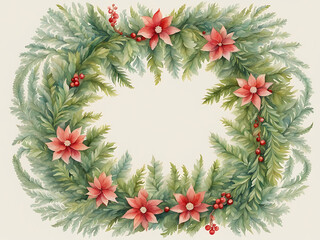 watercolor painting of a christmas wreath, wreath of ferns, elaborate floral ornament, decorative ornaments