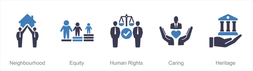 A set of 5 Community icons as neighbourhood, equity, human rights