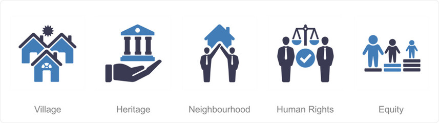 A set of 5 Community icons as village, heritage, neighbourhood