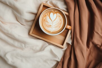 top view detail of wooden tray with hot latte art coffee flat lay on the bed with neutral color linens - obrazy, fototapety, plakaty