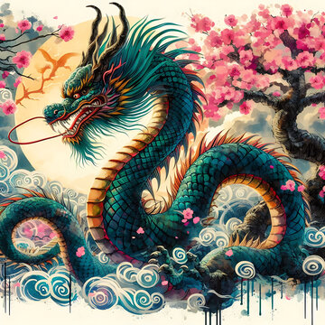 Watercolor style asian dragon image