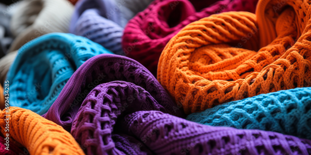 Poster vibrant multicolored crocheted blankets in a close up view, showcasing textures and patterns in a co
