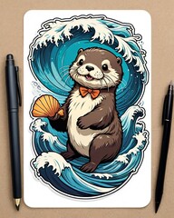 a playful and vibrant sea otter sticker inspired by the style of Japanese Ukiyo-e prints