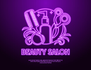 Vector advertising Banner Beauty Salon. Bright Neon Font. Violet Electric Alphabet Letters and Numbers set.