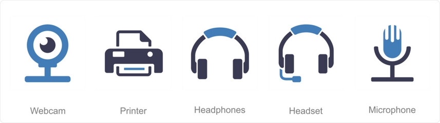 A set of 5 Computer Parts icons as web cam, printer, headphone