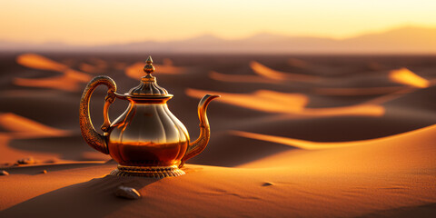 Majestic Golden Teapot Overlooking Vast Sand Dunes of the Desert at Sunset with Soft Shadows and Warm Ambient Light
