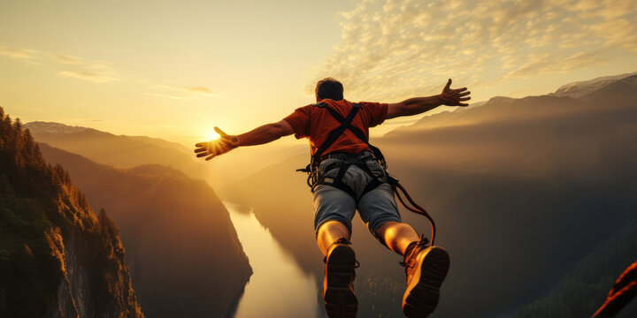 Adventurous person bungee jumping from a cliff during sunset, embracing freedom and excitement over a scenic river landscape