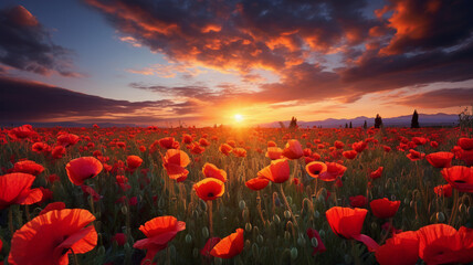 Fototapeta na wymiar poppy field under the golden sunset, with vibrant red flowers and dramatic clouds, creating a breathtaking and tranquil scene of natural beauty.