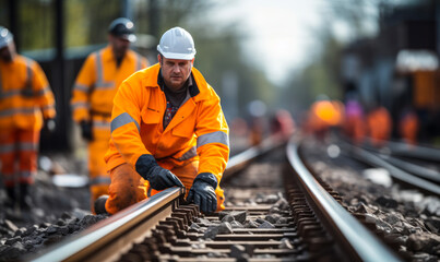 Focused View on Railway Tracks with Blurred Background of Railroad Workers in High Visibility Clothing Inspecting the Site - obrazy, fototapety, plakaty