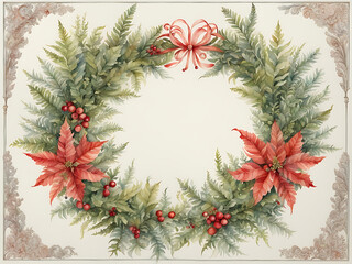 Fototapeta na wymiar watercolor painting of a christmas wreath, wreath of ferns, elaborate floral ornament, decorative ornaments