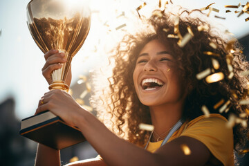 Beautiful female athlete holding her trophy after winning a competition. Young woman celebrating the victory under glittery confetti. - obrazy, fototapety, plakaty