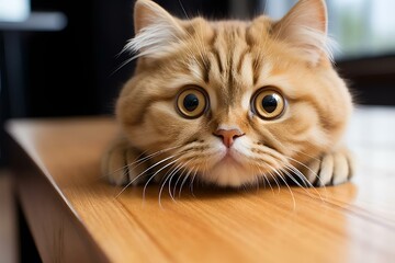 AI generated illustration of an orange tabby cat is perched on top of a wooden table