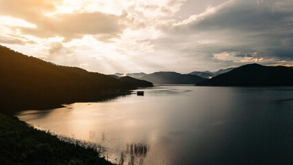 Empty top of wooden shelves on sky and river trees front view background. For product display blur background image, for product display montage..