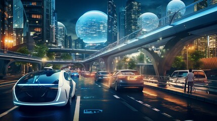 Futuristic City Navigated by Autonomous Vehicles on Transparent Background, PNG, Generative Ai