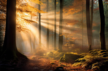 Sunlight falling into a forest in the morning in spring.