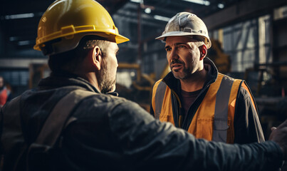 Professional engineers discussing about blueprints and effectivity at construction site