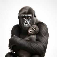 Fototapeta premium Portrait of a gorilla with a baby isolated on a white background. AI.