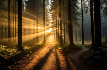 Sunlight falling into a forest in the morning in spring.