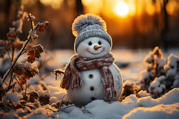 Obraz premium A festive snowman and winter forest view in background with snowing