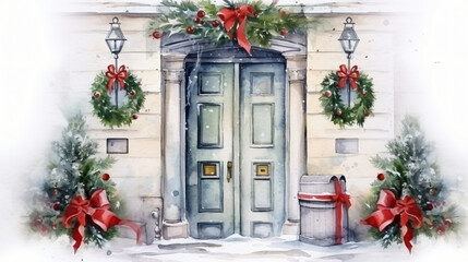 Fototapeta na wymiar Watercolor illustration christmas decorated door