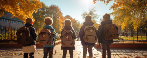 School kids with backpacks ready for going to school.
