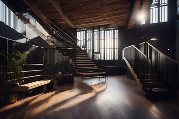 A Modern Loft Entrance Hall Boasting Staircase and Rustic Wooden Bench