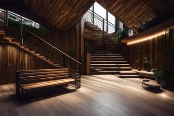 Loft Entrance Hall with Modern Staircase and Rustic Wooden Bench