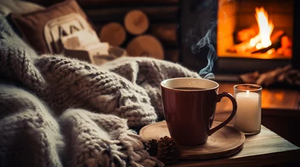 Foto op Plexiglas a mug of hot tea stands on a chair with a woolen blanket in a cozy living room with a fireplace. Cozy winter day © medienvirus