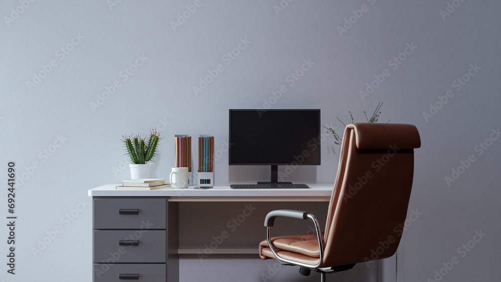 Poster office work desk background with simple walls, 3d rendering