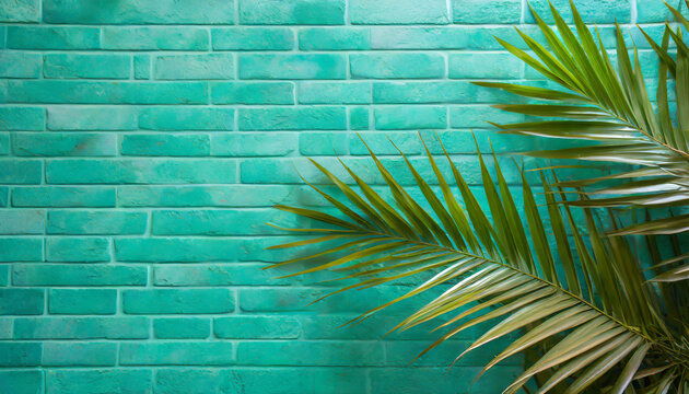 Fundo fotogr&aacute;fico que retara uma parede texturizada verde &aacute;gua com detalhes de folhas de palmeiras para a divulga&ccedil;&atilde;o de produtos