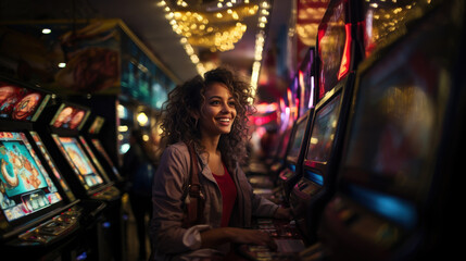 Portrait of young woman playing slot machine in casino.