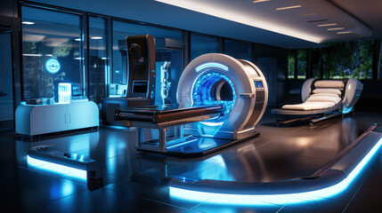  CT scanner in a modern medical clinic. MRI - Magnetic resonance tomography imaging scan device in blue.