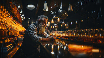 Senior man bearded brewery worker with glass of beer evaluating its visual characteristics after preparation in processing plant.