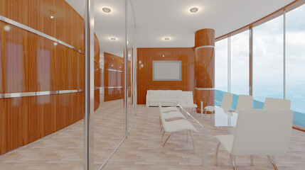 Open space office interior with like conference room. Mockup. 3D rendering.. Mockup.   Empty paintings