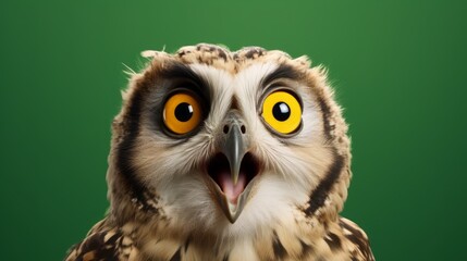 Fototapeta premium studio portrait of surprised owl, isolated on green background