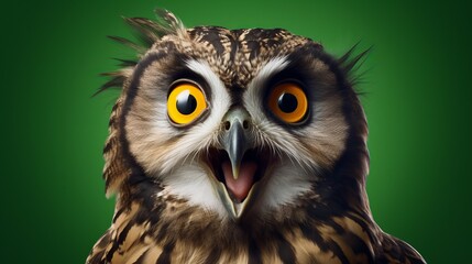 studio portrait of surprised owl, isolated on green background