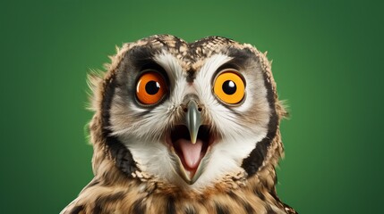 Fototapeta premium studio portrait of surprised owl, isolated on green background