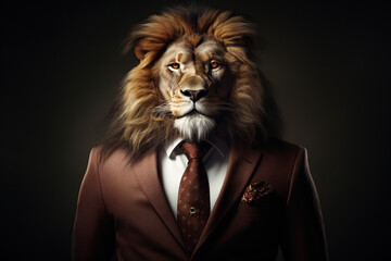 Illustration of a man wearing a lion mask over his head and a formal suit, Man with animal head in suit