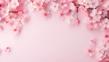 Delicate pink watercolor spring background with flowers. Copy space - obrazy, fototapety, plakaty