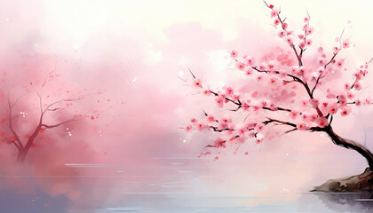 Pink blossoming tree in watercolor style