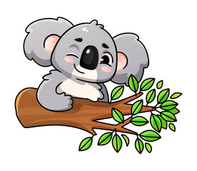 Cute koala winks while sitting on a tree branch, cartoon character.